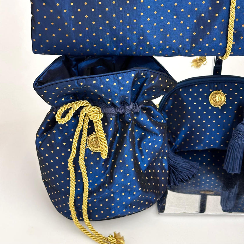 Christian Dior Set da Viaggio Vintage in Raso Blu Navy inutilizzato