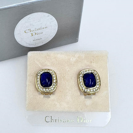 Christian Dior orecchini a clip dorati con cabochon blu e cristalli bianchi