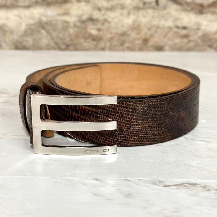 Etro Women's Brown Crocodile Print Leather Belt with Silver Buckle