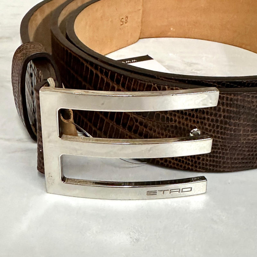 Cintura Etro Donna in Pelle Marrone Stampa Cocco con Fibbia Argento