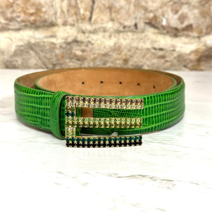 Cintura Etro Donna in Pelle Stampa Cocco Verde con Fibbia Gioiello