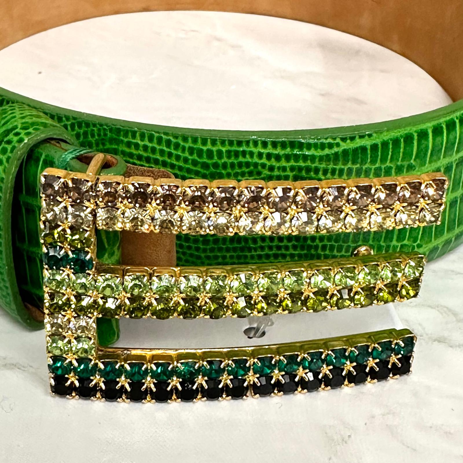 Cintura Etro Donna in Pelle Stampa Cocco Verde con Fibbia Gioiello