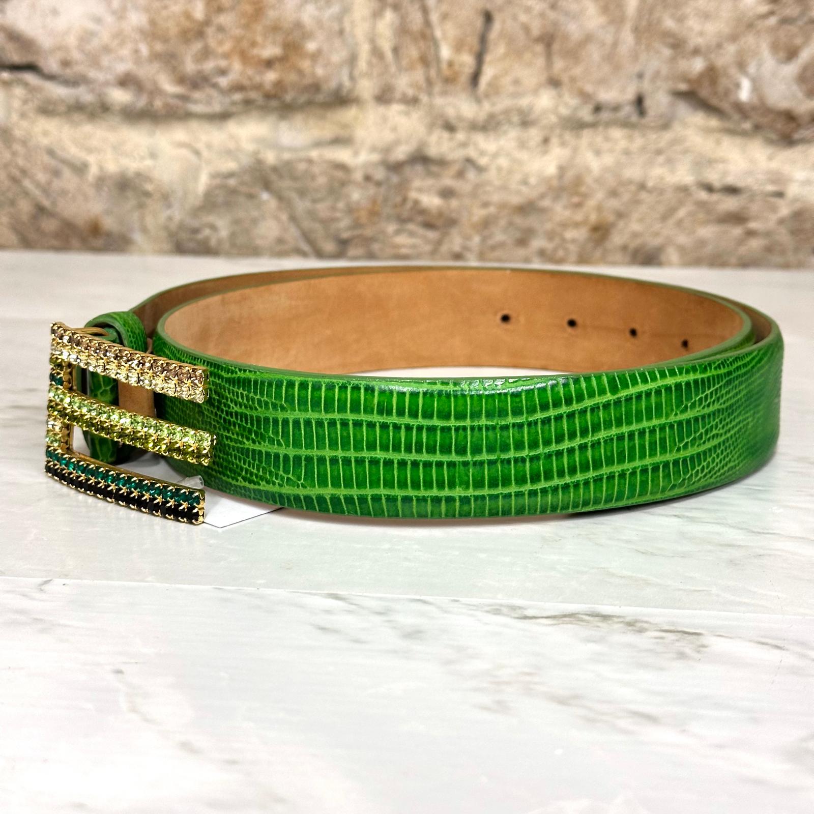 Cintura Etro Donna in Pelle Stampa Cocco Verde con Fibbia Gioiello