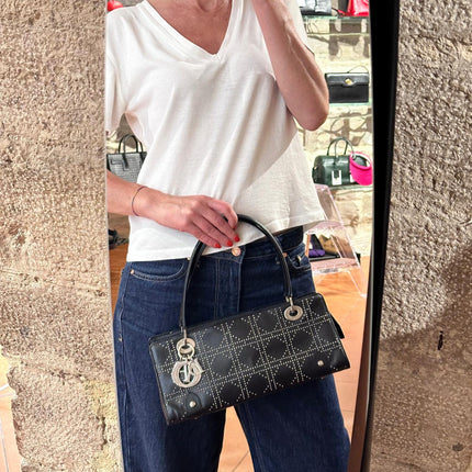 Dior Borsa D-Joy Vintage in Pelle Nera con Borchie Argento