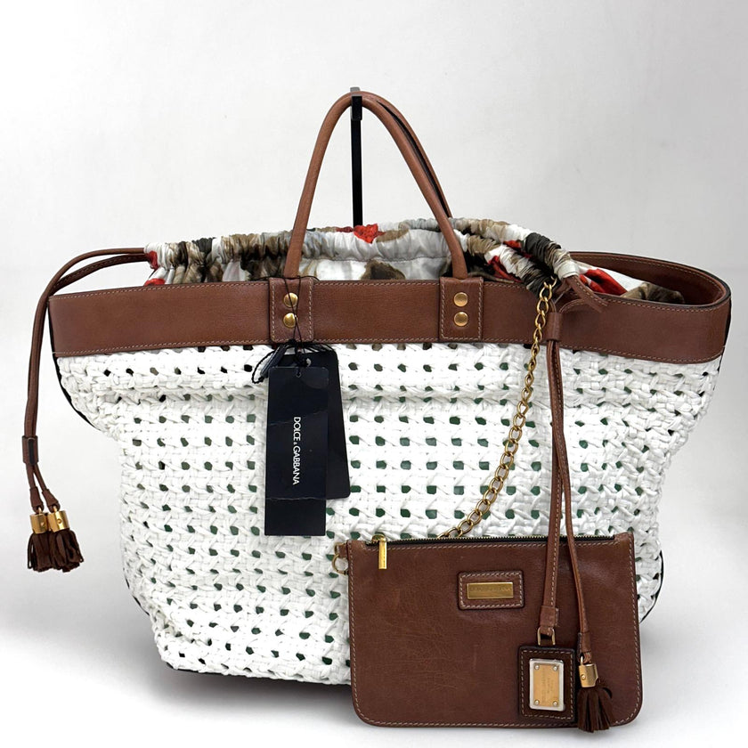 Dolce & Gabbana Borsa Shopper in paglia intrecciata e pelle marrone