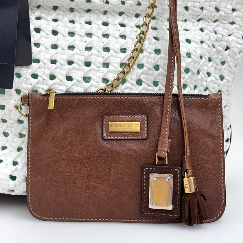 Dolce & Gabbana Borsa Shopper in paglia intrecciata e pelle marrone