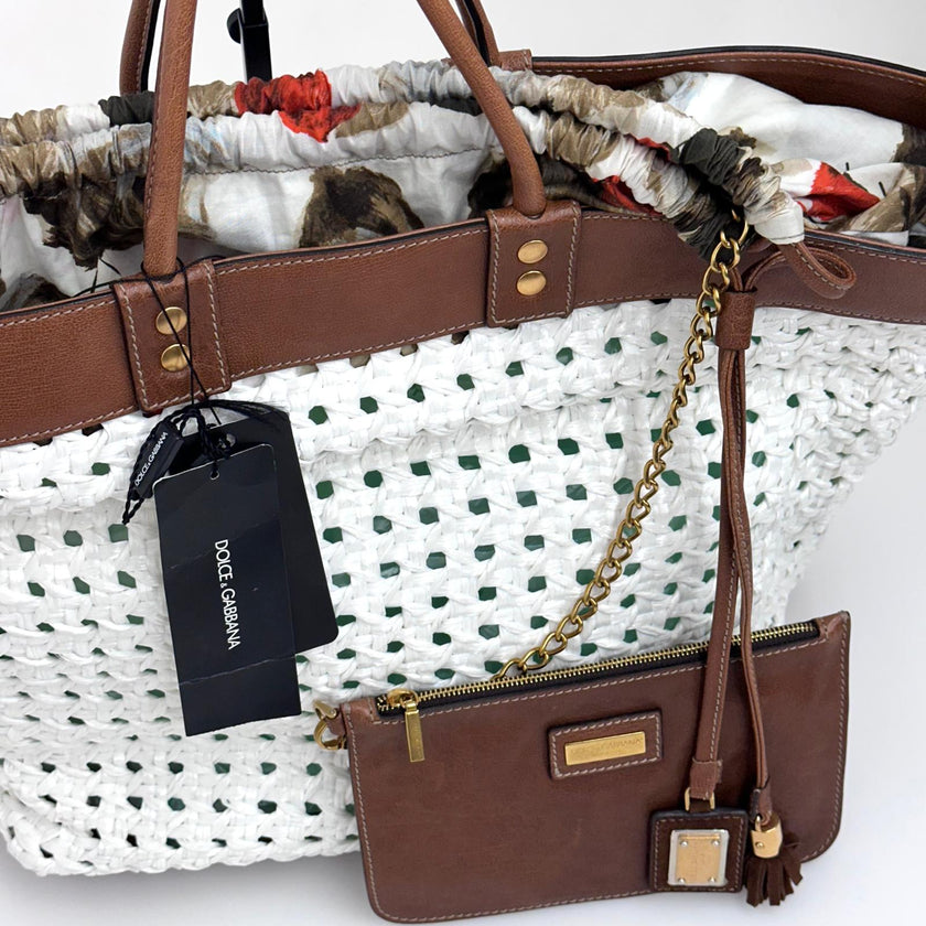 Dolce & Gabbana Borsa Shopper in paglia intrecciata e pelle marrone
