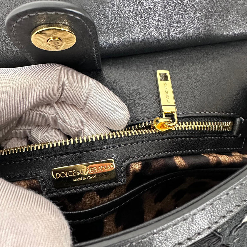 Dolce & Gabbana Borsa Sicily in pizzo nero su lino con tracolla