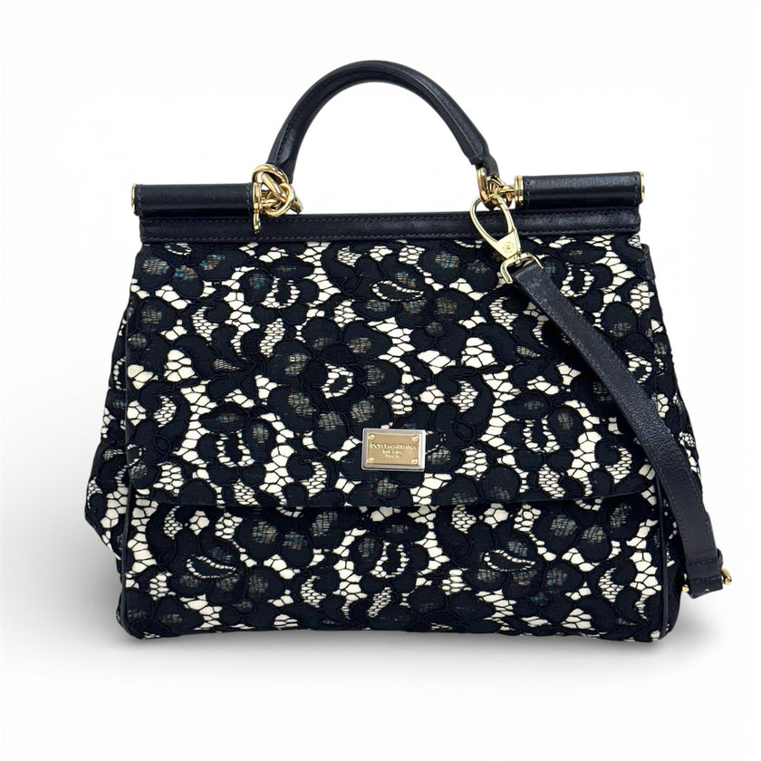 Dolce & Gabbana Borsa Sicily in pizzo nero su lino con tracolla