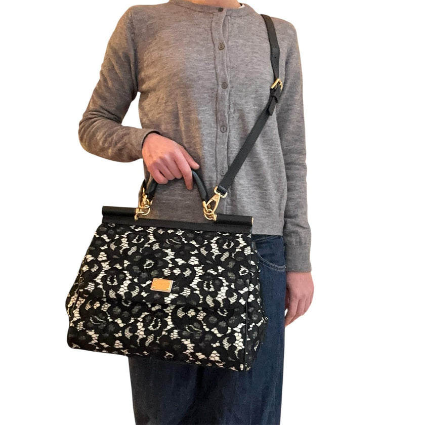 Dolce & Gabbana Borsa Sicily in pizzo nero su lino con tracolla