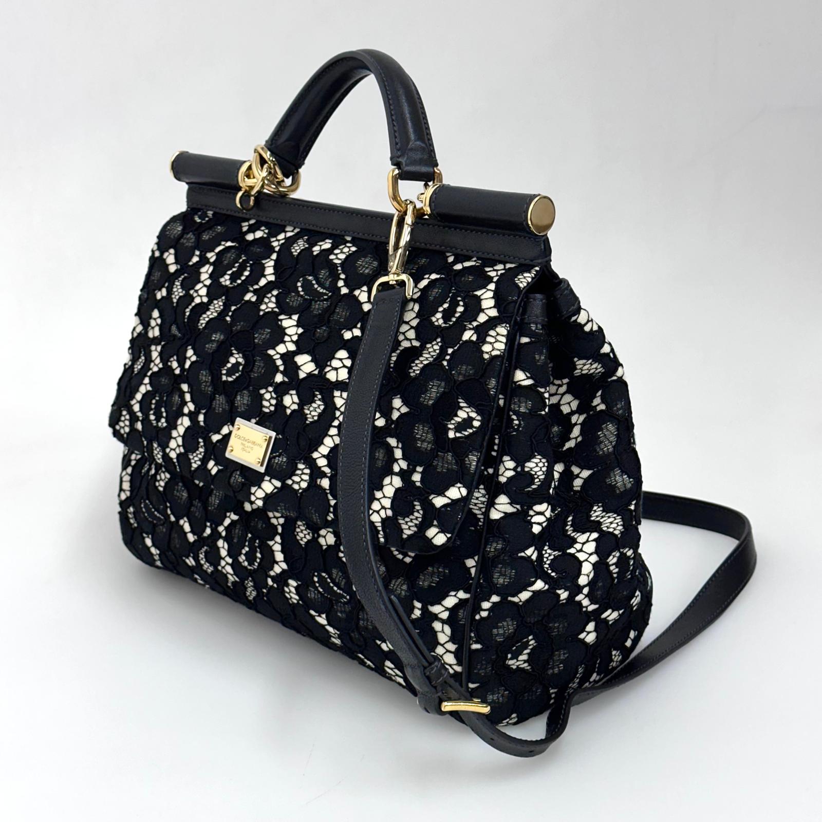 Dolce & Gabbana Borsa Sicily in pizzo nero su lino con tracolla