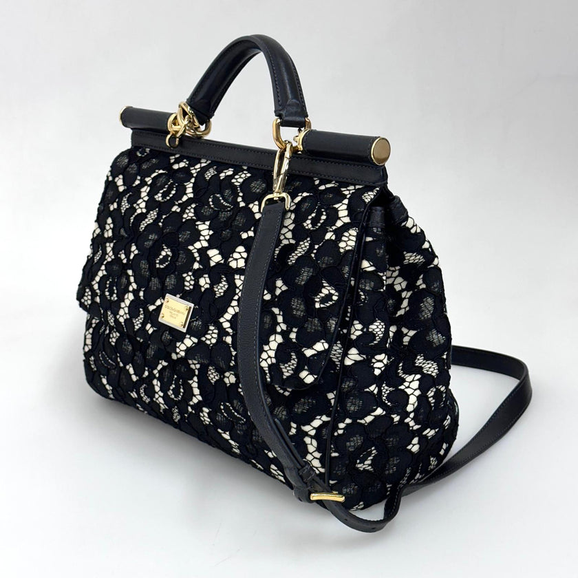 Dolce & Gabbana Borsa Sicily in pizzo nero su lino con tracolla