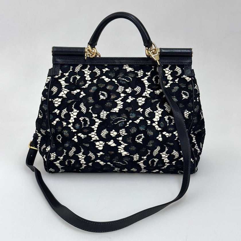 Dolce & Gabbana Borsa Sicily in pizzo nero su lino con tracolla