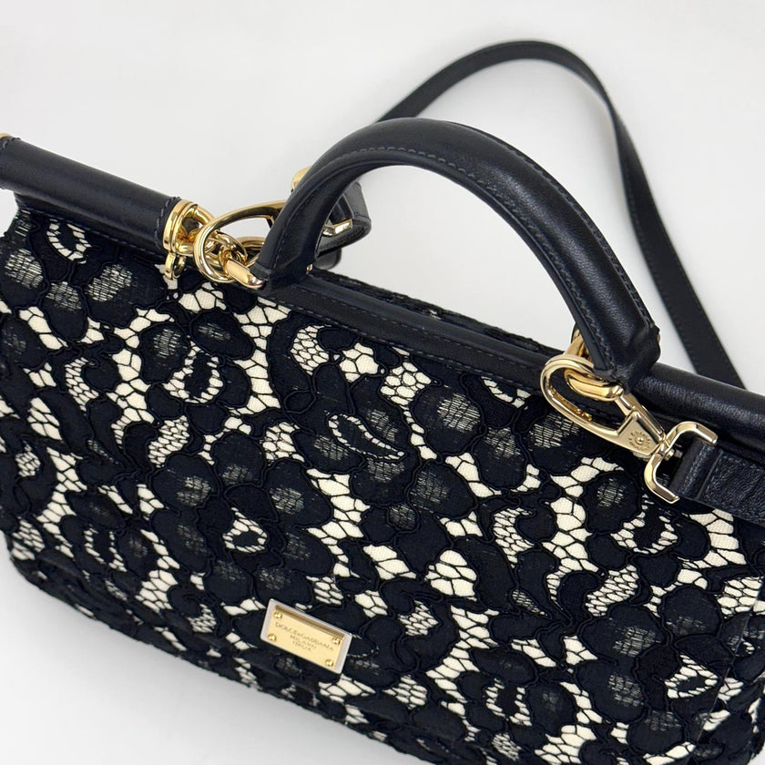 Dolce & Gabbana Borsa Sicily in pizzo nero su lino con tracolla