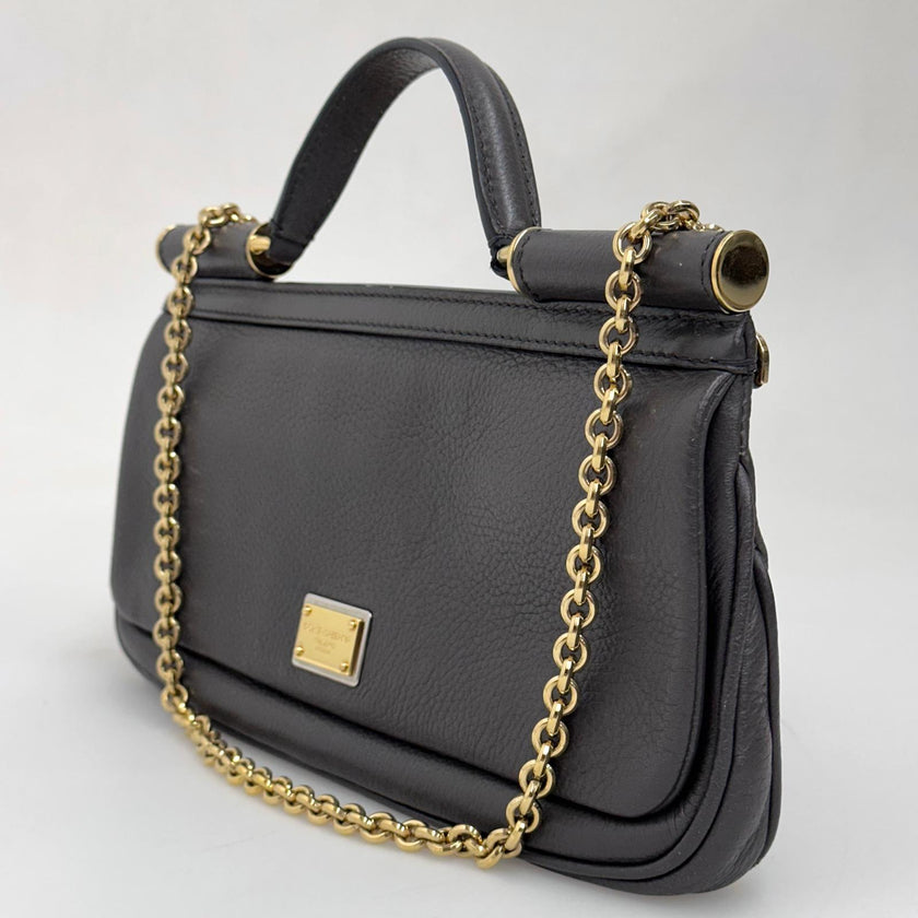 Dolce & Gabbana Sicily Borsa Baguette in pelle martellata visone con catena oro