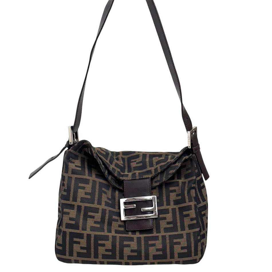 Fendi Borsa Mama Baguette a spalla in tela Zucca con finiture acciaio