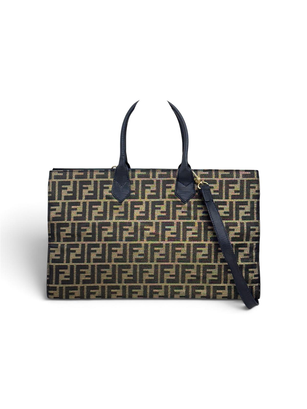 Fendi Borsa Tote Vintage Zucca FF in Tessuto Nero e Oro Lurex
