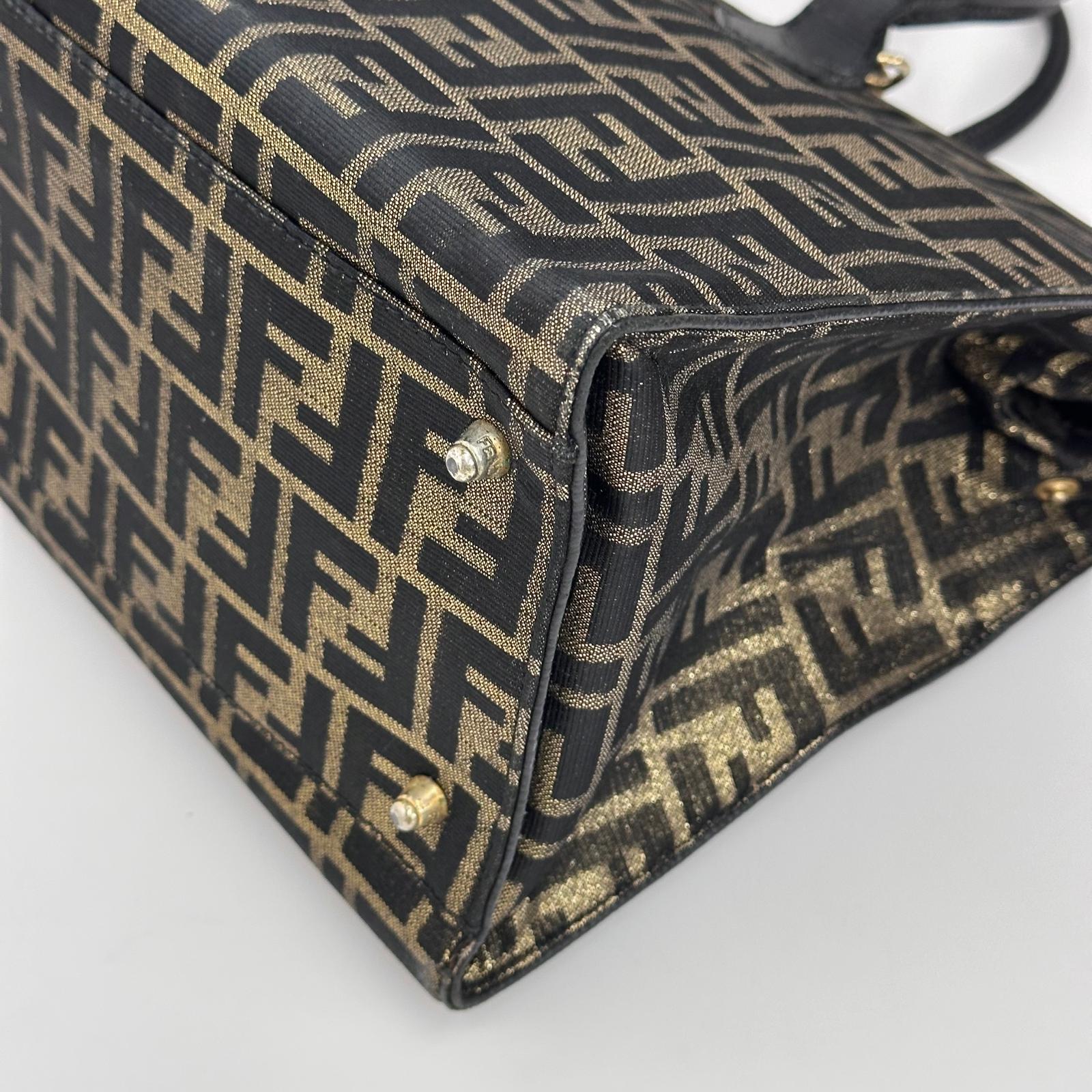 Fendi Borsa Tote Vintage Zucca FF in Tessuto Nero e Oro Lurex
