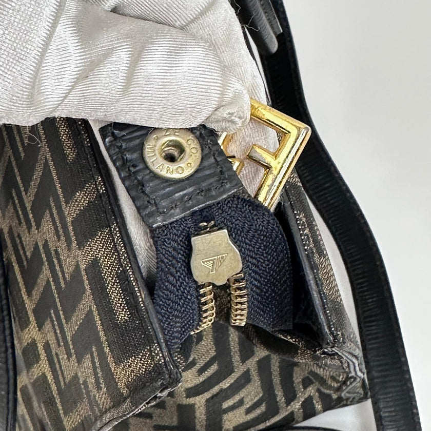 Fendi Borsa Tote Vintage Zucca FF in Tessuto Nero e Oro Lurex
