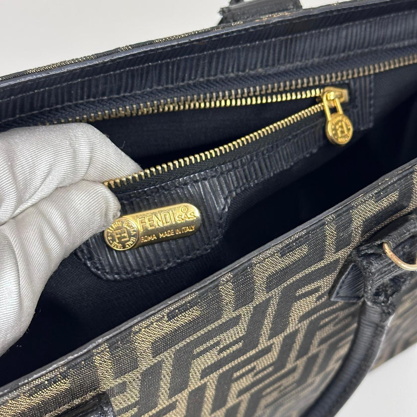 Fendi Borsa Tote Vintage Zucca FF in Tessuto Nero e Oro Lurex