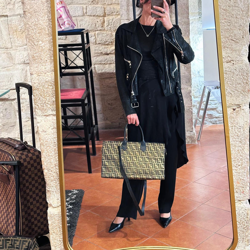 Fendi Borsa Tote Vintage Zucca FF in Tessuto Nero e Oro Lurex
