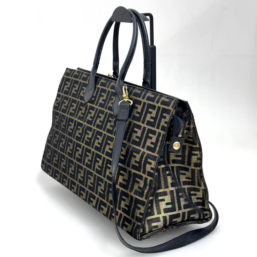Fendi Borsa Tote Vintage Zucca FF in Tessuto Nero e Oro Lurex