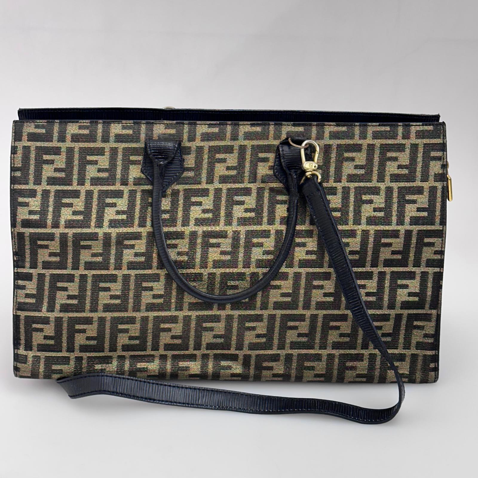 Fendi Borsa Tote Vintage Zucca FF in Tessuto Nero e Oro Lurex