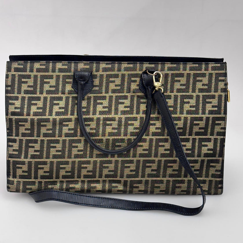 Fendi Borsa Tote Vintage Zucca FF in Tessuto Nero e Oro Lurex
