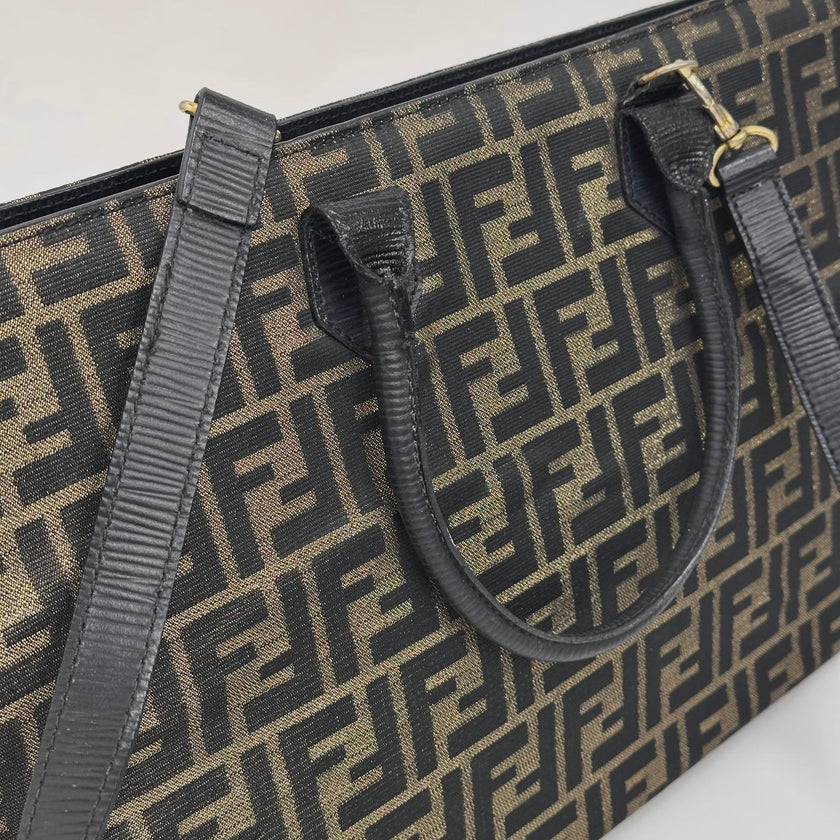 Fendi Borsa Tote Vintage Zucca FF in Tessuto Nero e Oro Lurex