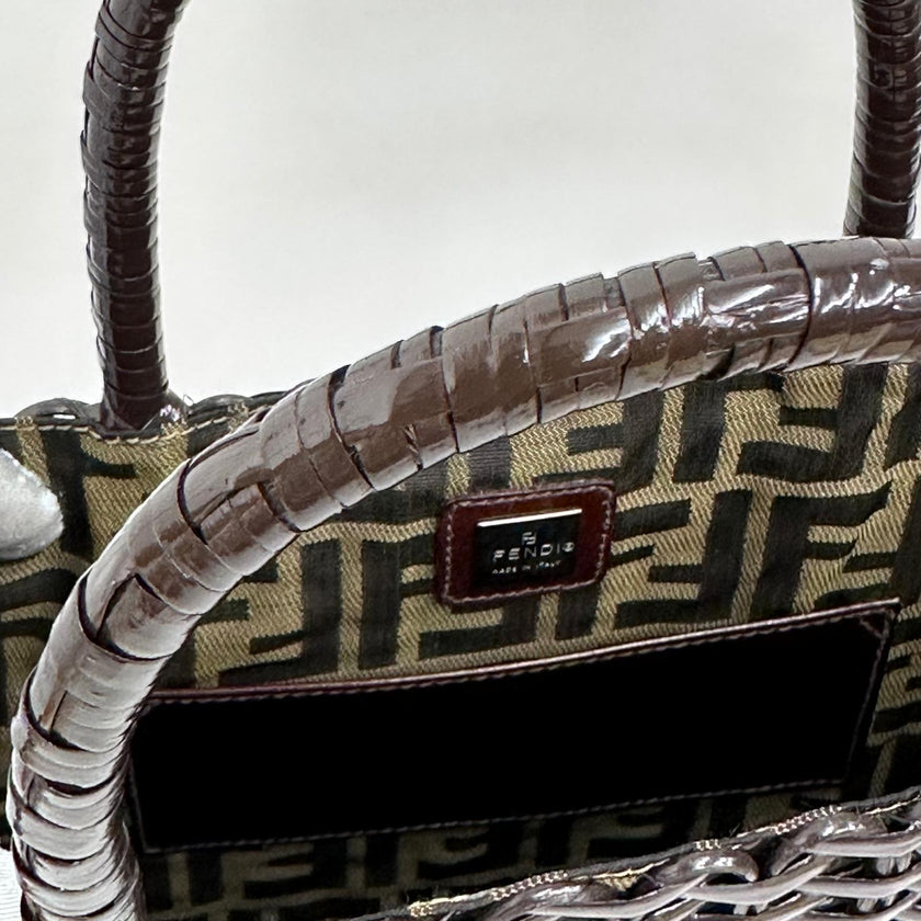 Fendi Borsa Vintage Rattan Lucido Marrone con Interno Zucca FF