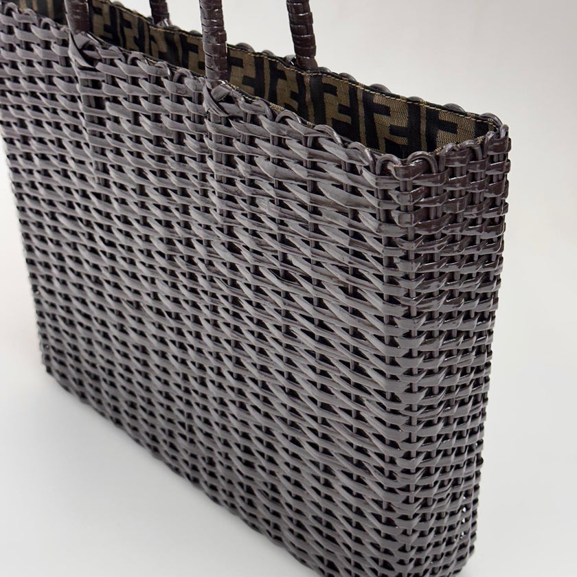Fendi Borsa Vintage Rattan Lucido Marrone con Interno Zucca FF