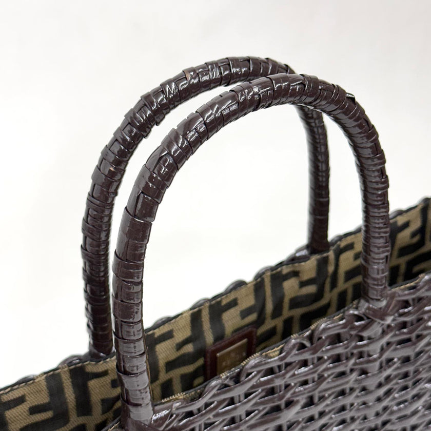 Fendi Borsa Vintage Rattan Lucido Marrone con Interno Zucca FF