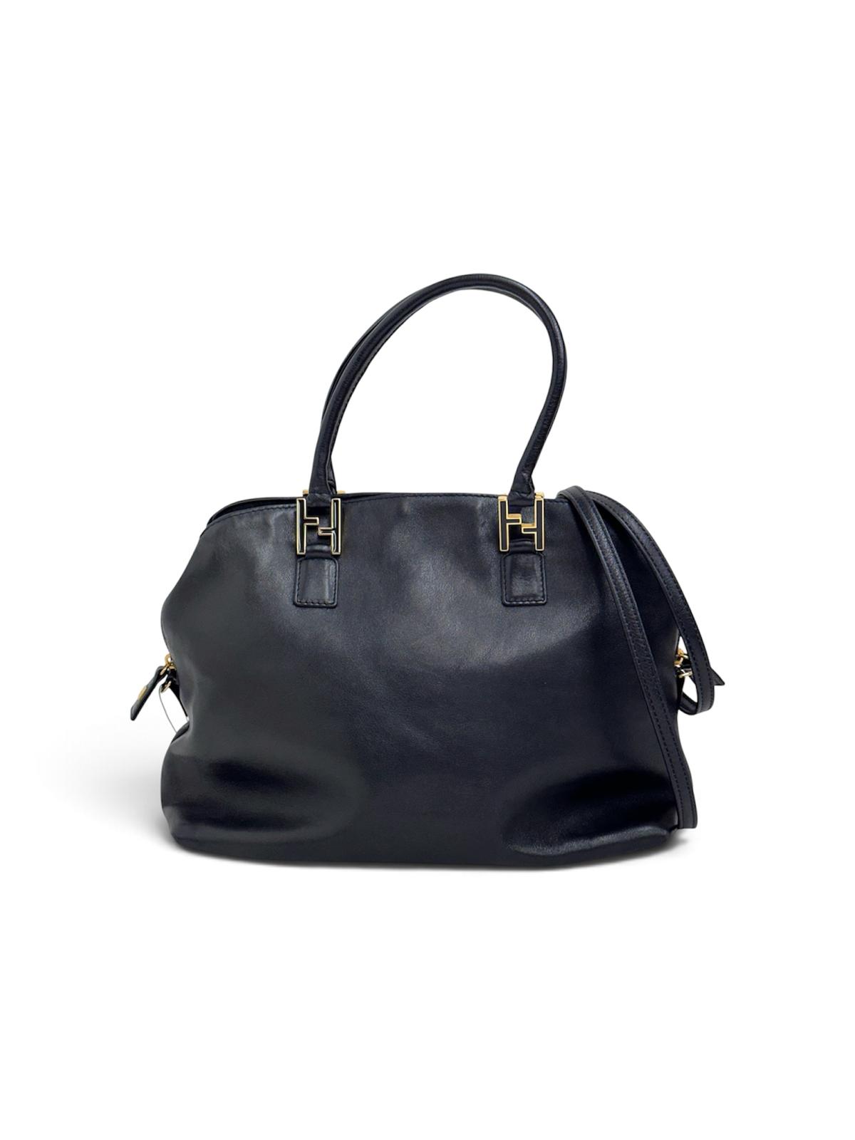 Fendi Borsa Vintage in Pelle Nera con Logo FF Dorato