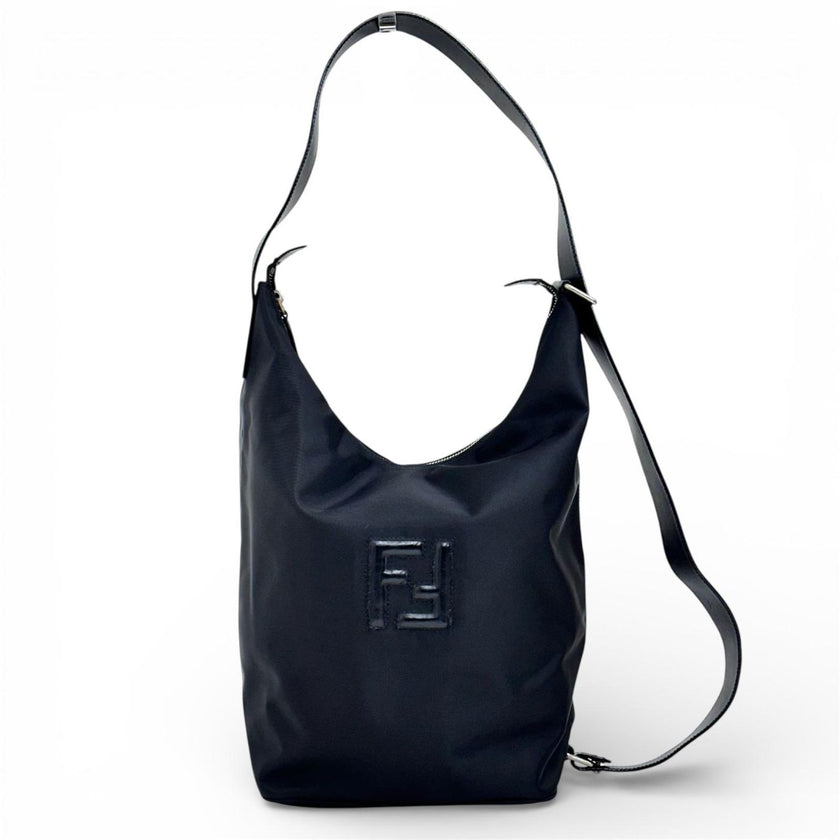 Fendi Borsa/Zaino in nylon nero con logo FF embossed