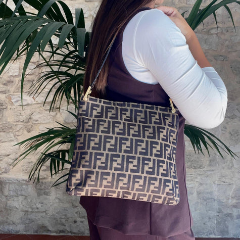 Fendi Borsa a Spalla Vintage in Tessuto Zucca Marrone