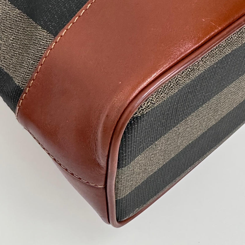 Fendi Borsa in tela rigata Pequin con finiture in pelle marrone