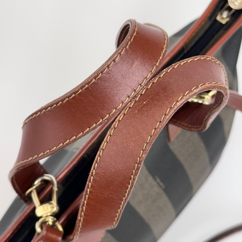 Fendi Borsa in tela rigata Pequin con finiture in pelle marrone