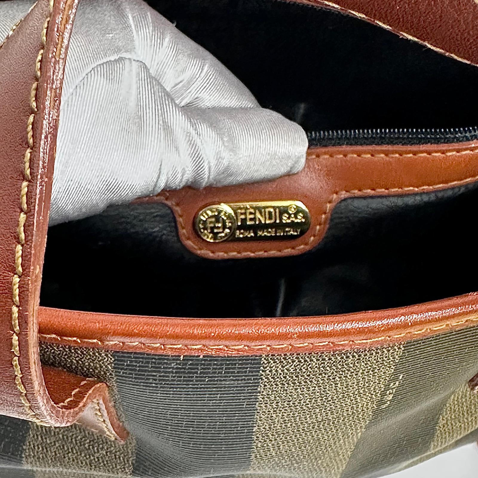 Fendi Borsa in tela rigata Pequin con finiture in pelle marrone