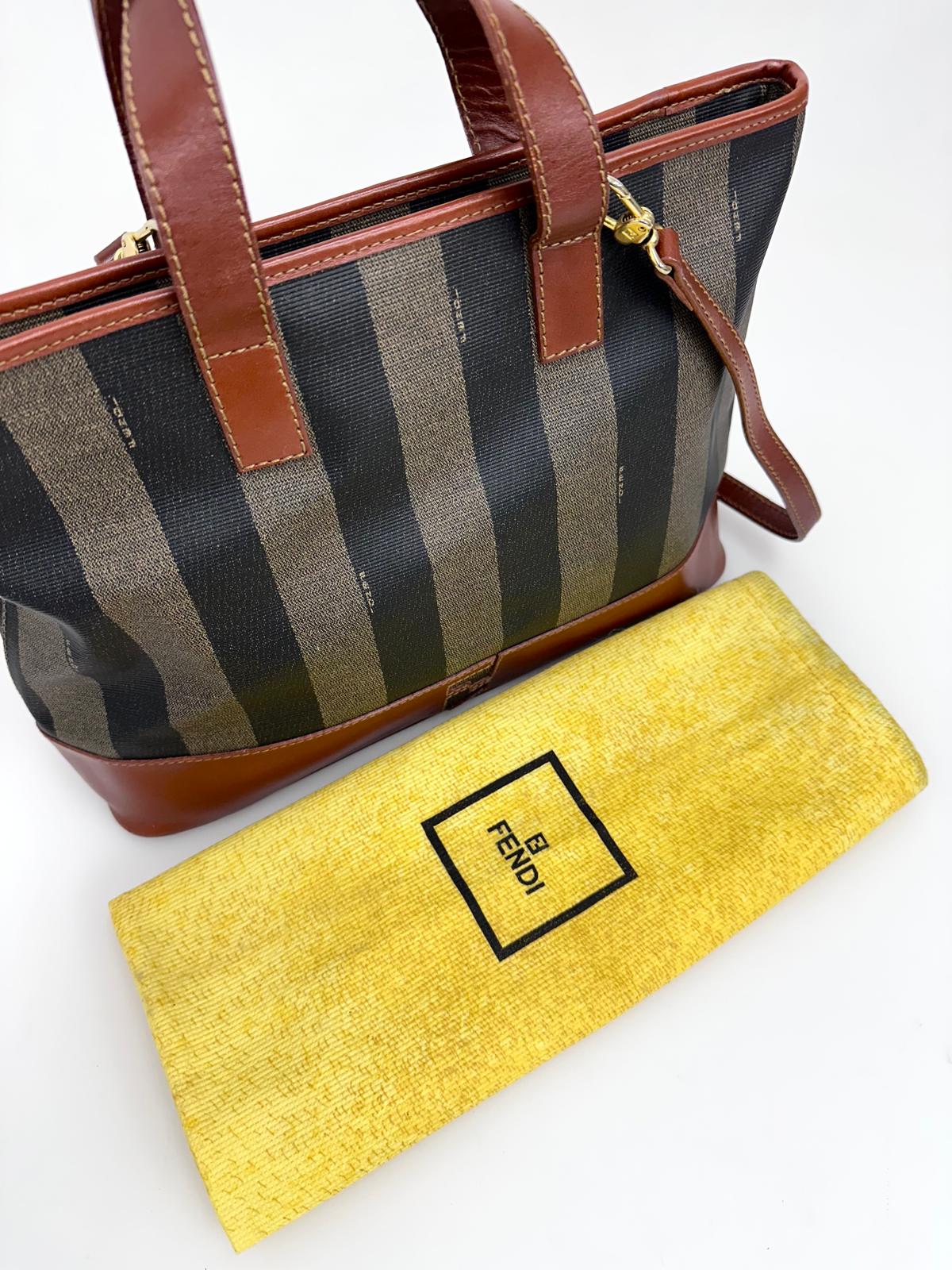 Fendi Borsa in tela rigata Pequin con finiture in pelle marrone