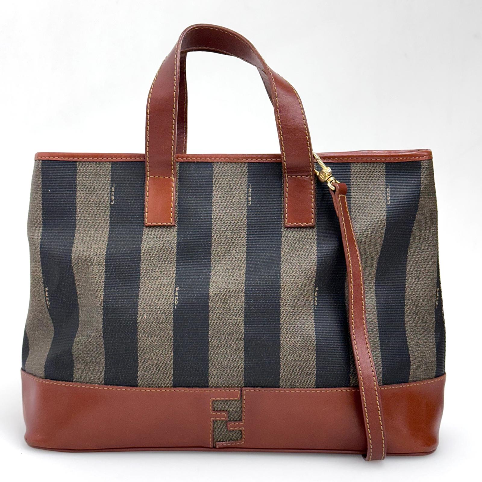 Fendi Borsa in tela rigata Pequin con finiture in pelle marrone