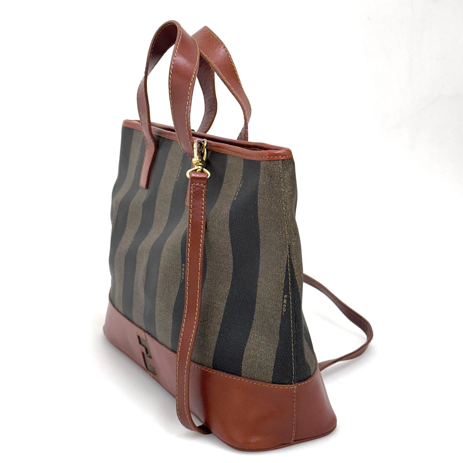 Fendi Borsa in tela rigata Pequin con finiture in pelle marrone