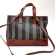 Fendi Borsa in tela rigata Pequin con finiture in pelle marrone
