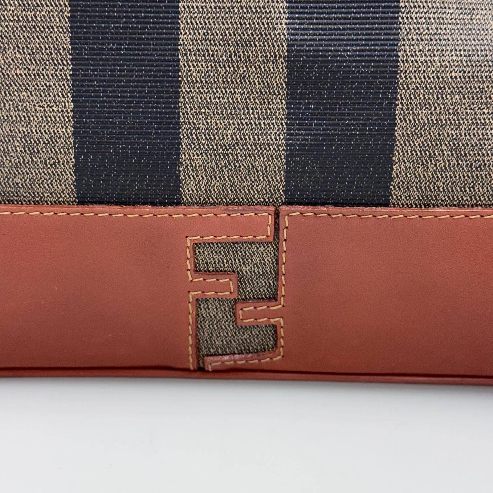 Fendi Borsa in tela rigata Pequin con finiture in pelle marrone