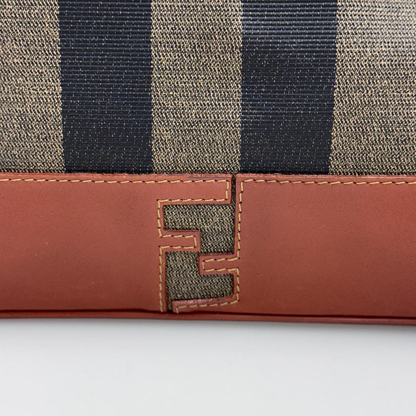 Fendi Borsa in tela rigata Pequin con finiture in pelle marrone