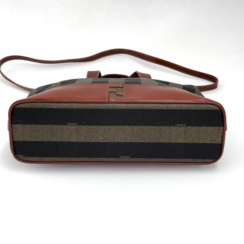 Fendi Borsa in tela rigata Pequin con finiture in pelle marrone