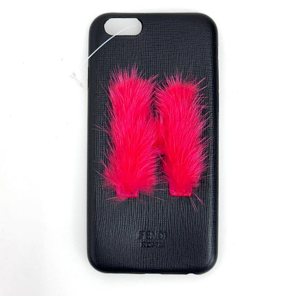 Fendi Cover iPhone 6/6s/7 in pelle nera con applicazione mink rossa