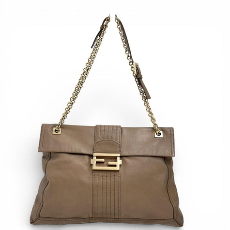 Fendi Mia Borsa a due vie in pelle marrone con catena oro