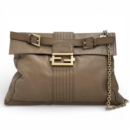 Fendi Mia Borsa a due vie in pelle marrone con catena oro