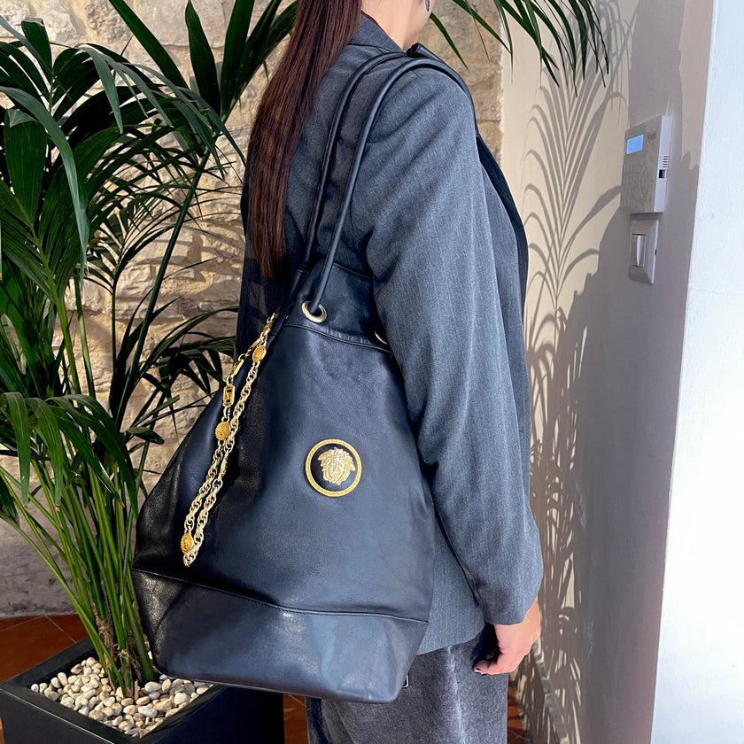 Gianni Versace Couture Medusa Maxi Sacca Vintage in Pelle Nera