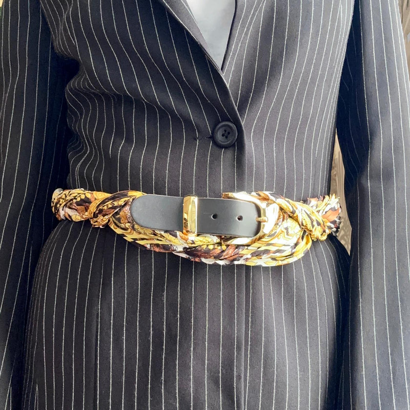Gianni Versace cintura in seta plissettata con dettagli Medusa e pelle nera